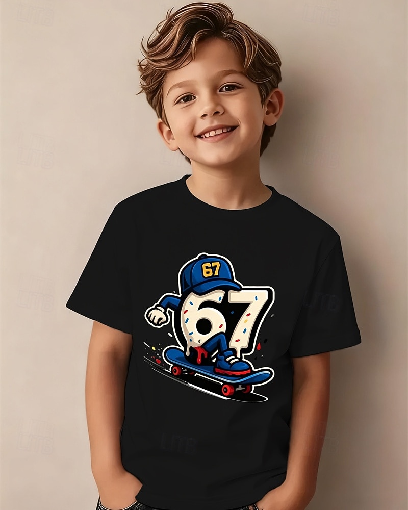 Baumwolle Kinder Jungen Schwarz Weiß Grafik Lustiger Slang 67 T-Shirt Bluse Rundhalsausschnitt Kurzarm Outdoor Alltagskleidung Mode Streetwear Designer Drucken Sommer 2026 - $14.99 –P1
