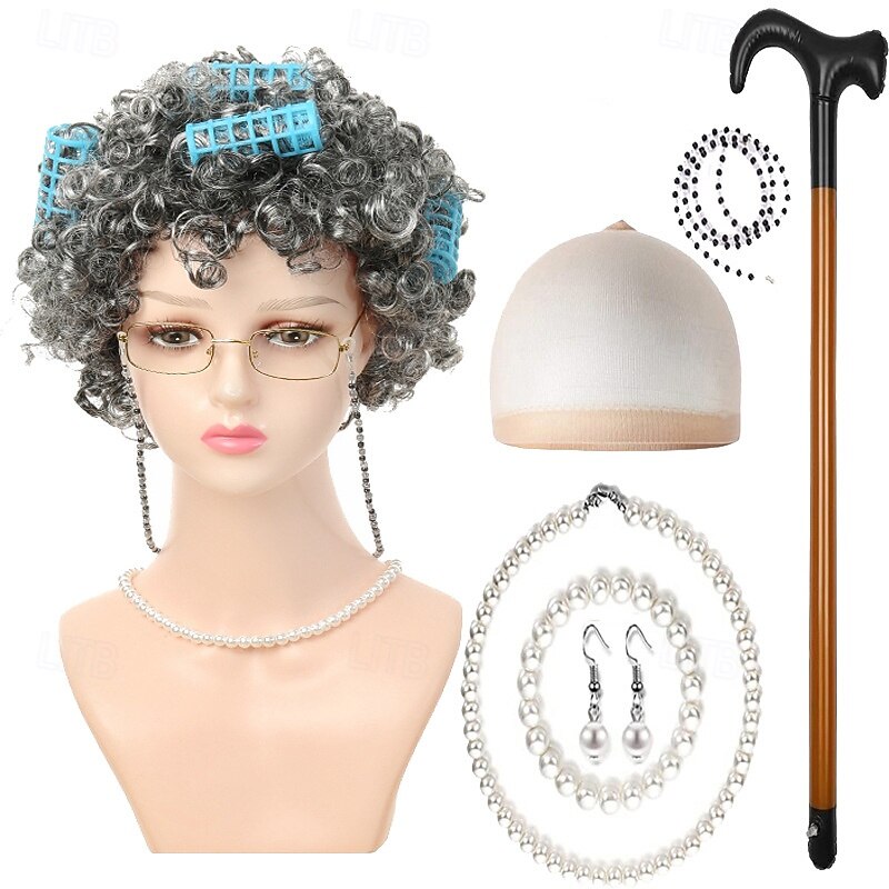 Peluca de anciana con rulos, collar de perlas, pendientes y bastón para mujeres y niñas, disfraz de abuela para cosplay de 100 días de escuela, accesorio para fiesta de Halloween 2026 - $27.99 –P1