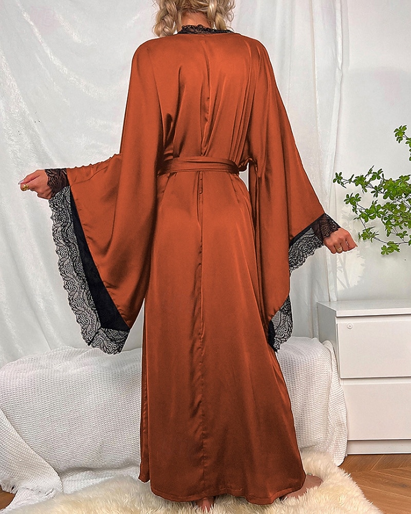 Γυναικεία Ρόμπα Καθημερινό Μαλακή Σατέν Μονόχρωμες Δαντέλα Παντελόνι Καθημερινά Σπίτι Κρεβάτι Μακρυμάνικο Λαιμόκοψη V Μαύρο Λευκό Κρασί Ρουμπίνι Καφέ Καλοκαίρι Άνοιξη Κανονικό 2026 - $39.99 –P11