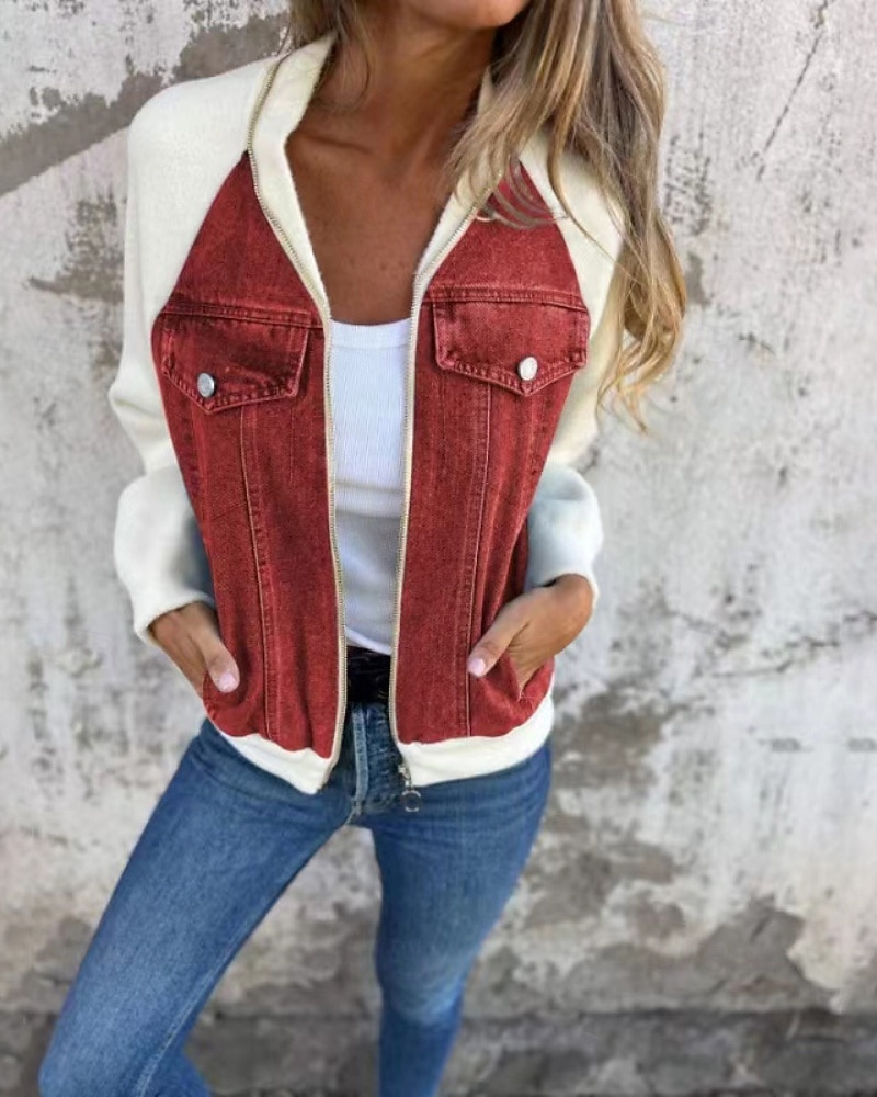 Women's Casual Jacket Denim Jacket Warm Comfortable Zipper Pocket Retro Casual Color Block Vacation Home Daily Wear Going out Regular Stand Collar Regular Fit Long Sleeve Outerwear Blue Black White 2026 - $37.99 –P4
