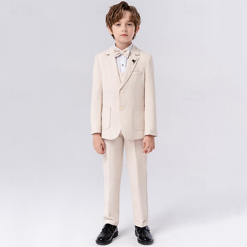 Costume 5 pièces pour garçon d'honneur, avec blazer. &gilet & pantalon  &Costume garçon avec cravate, tenue décontractée pour les fêtes en extérieur, style basique, bleu, beige, gris, polyester de 2026 ? $57.99 –P3