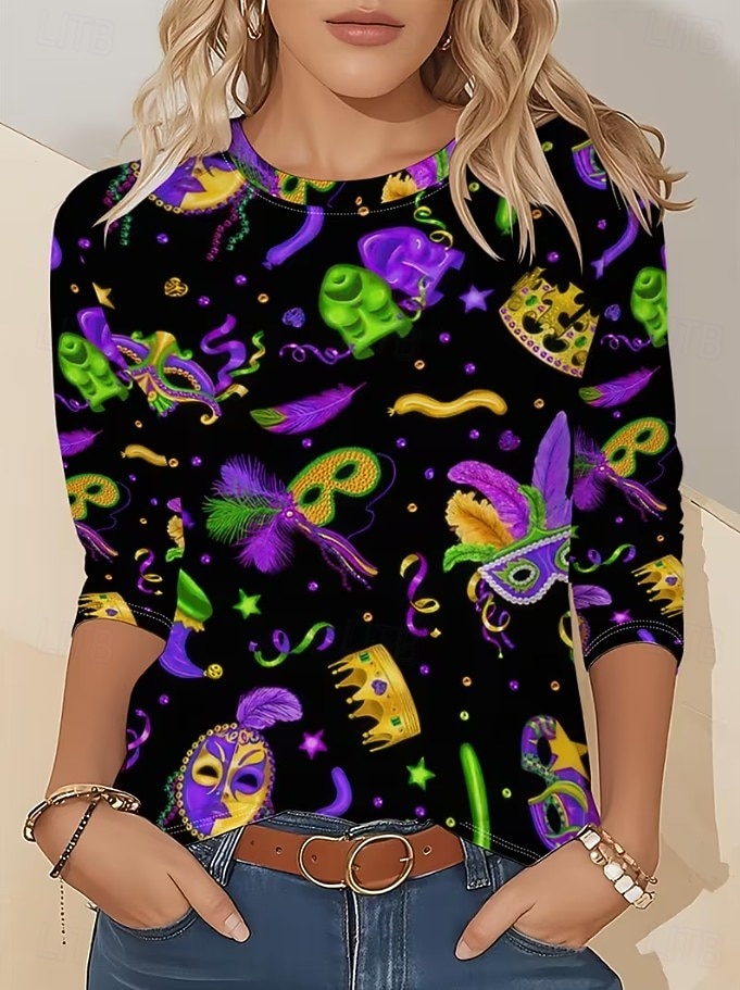 Karnavalové dámské tričko s potiskem grafika geometrické vintage stylové moderní dlouhý rukáv klasický výstřih běžné topy denní víkendový potisk purpurová léto jaro 2026 - $24.99 –P5