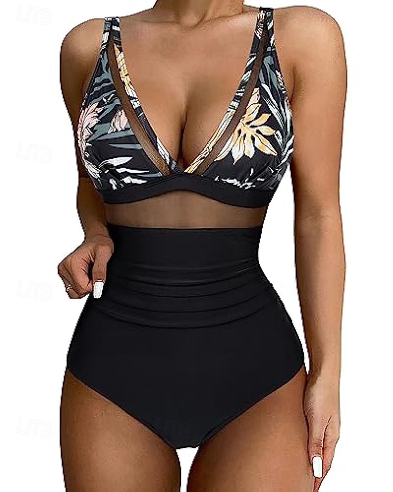 Damen Badeanzug Einteiler Bikini Shorts Bademode Netz Rückenfrei Urlaub Strandbekleidung Leopard Blätter V Ausschnitt Ärmellos Badeanzüge 2026 - $21.99 –P1