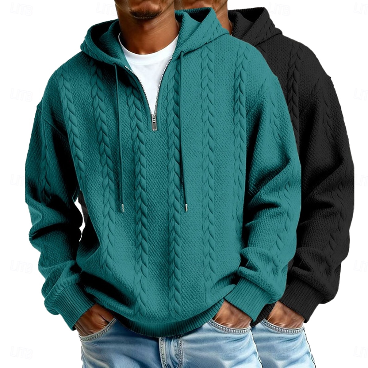 Herre Jacquard Hattetrøje Hettegenser med glidelås Lyseblå + svart Hvit+lys grå Med hette عادي Med Tekstur Avslappet Daglig Sport & Utendørs Polyester Gatemote Kul Sportsklær Høst vinter Vår & Vinter 2026 - $47.99 –P8