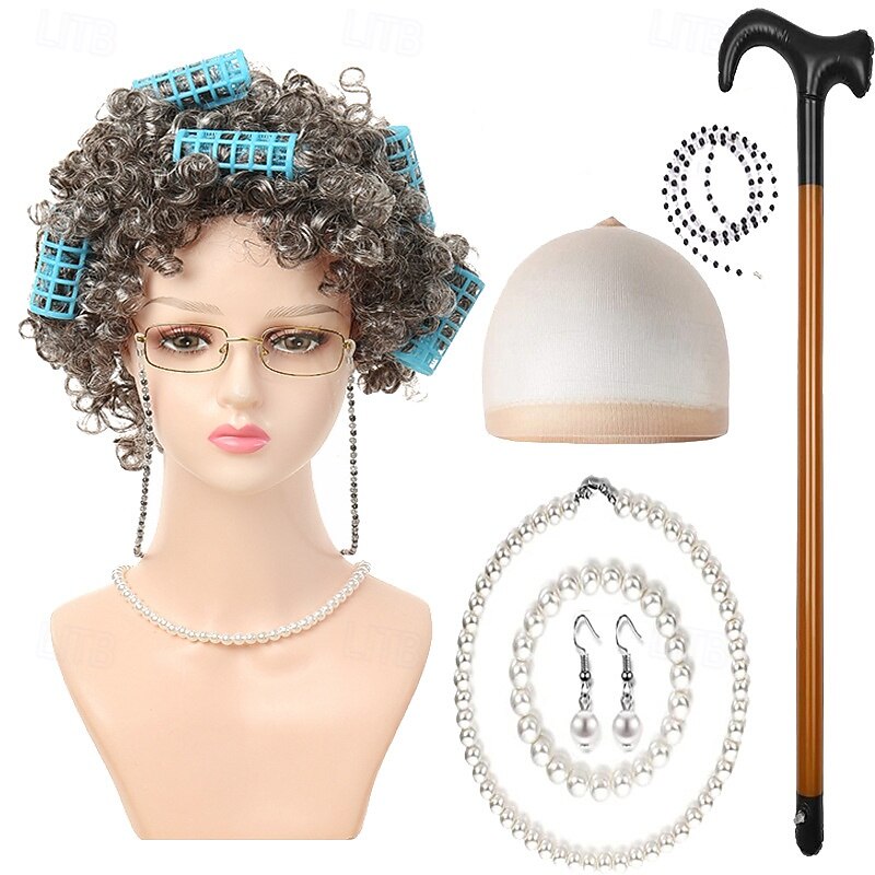 Peluca de anciana con rulos, collar de perlas, pendientes y bastón para mujeres y niñas, disfraz de abuela para cosplay de 100 días de escuela, accesorio para fiesta de Halloween 2026 - $27.99 –P5