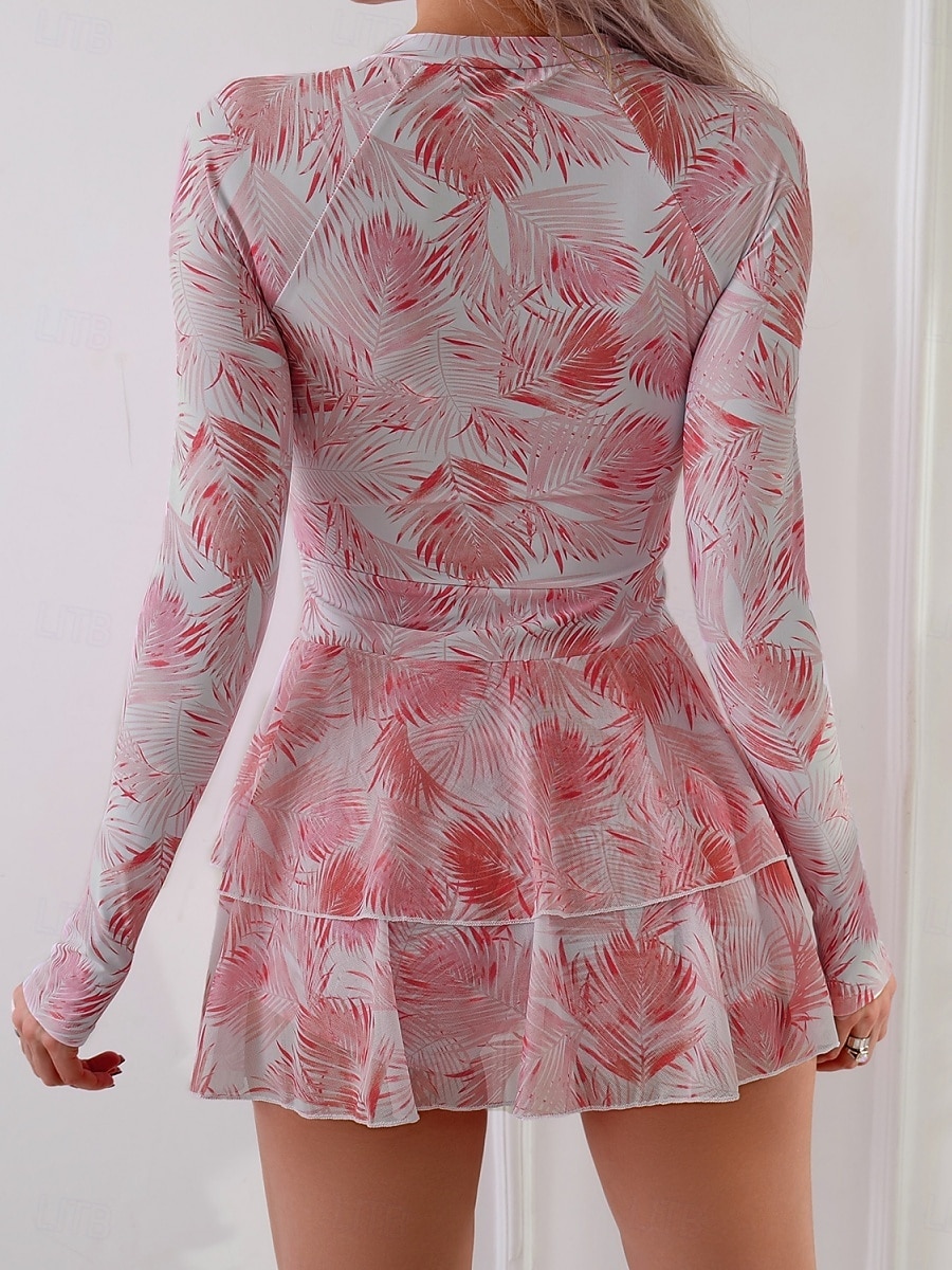 Dam Badkläder Tankini 2 st Kjol Baddräkt Magkontroll Hög midja Smal Elegant Semester Blommig Rund hals Långärmad Baddräkter 2026 - $36.99 –P12