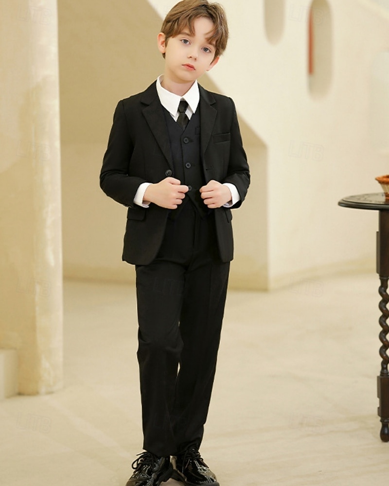 5 Pieces Ring Bearer Suit Boys' Kids Suit Blazer & Vest & Pants & Shirt & Tie Boy's Formal Suit Casual Outdoor Party Fashion Cool Basic Solid Color Pocket Buttons Black Navy Blue Polyester 2026 - $64.99 –P7