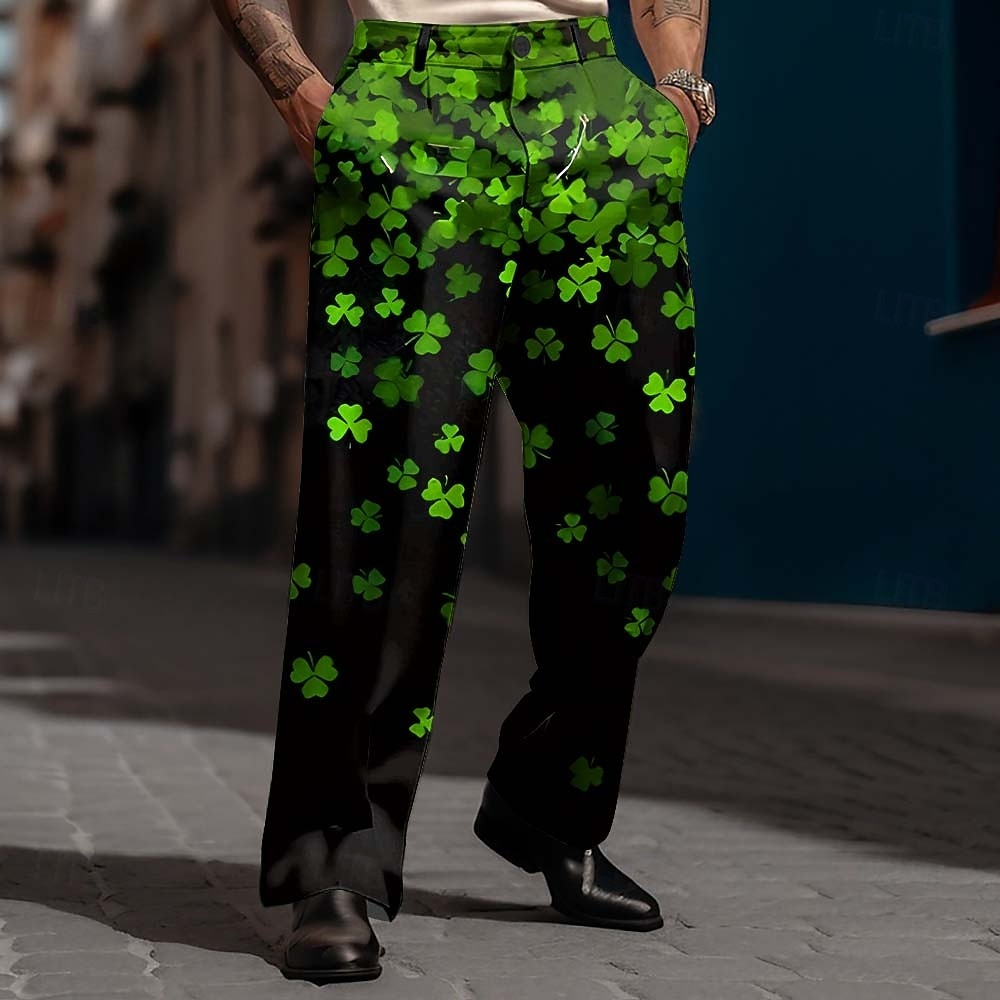 St. Patrick's Day Men's Four Leaf Clover Shamrock Neon Glow Trousers Dress Pants Suit Pants Mid Waist Fashion Casual Holiday Relaxed Fit Flat Front Dress Pants with Side Pockets Spring Fall 3D Print 2026 - $31.99 –P2