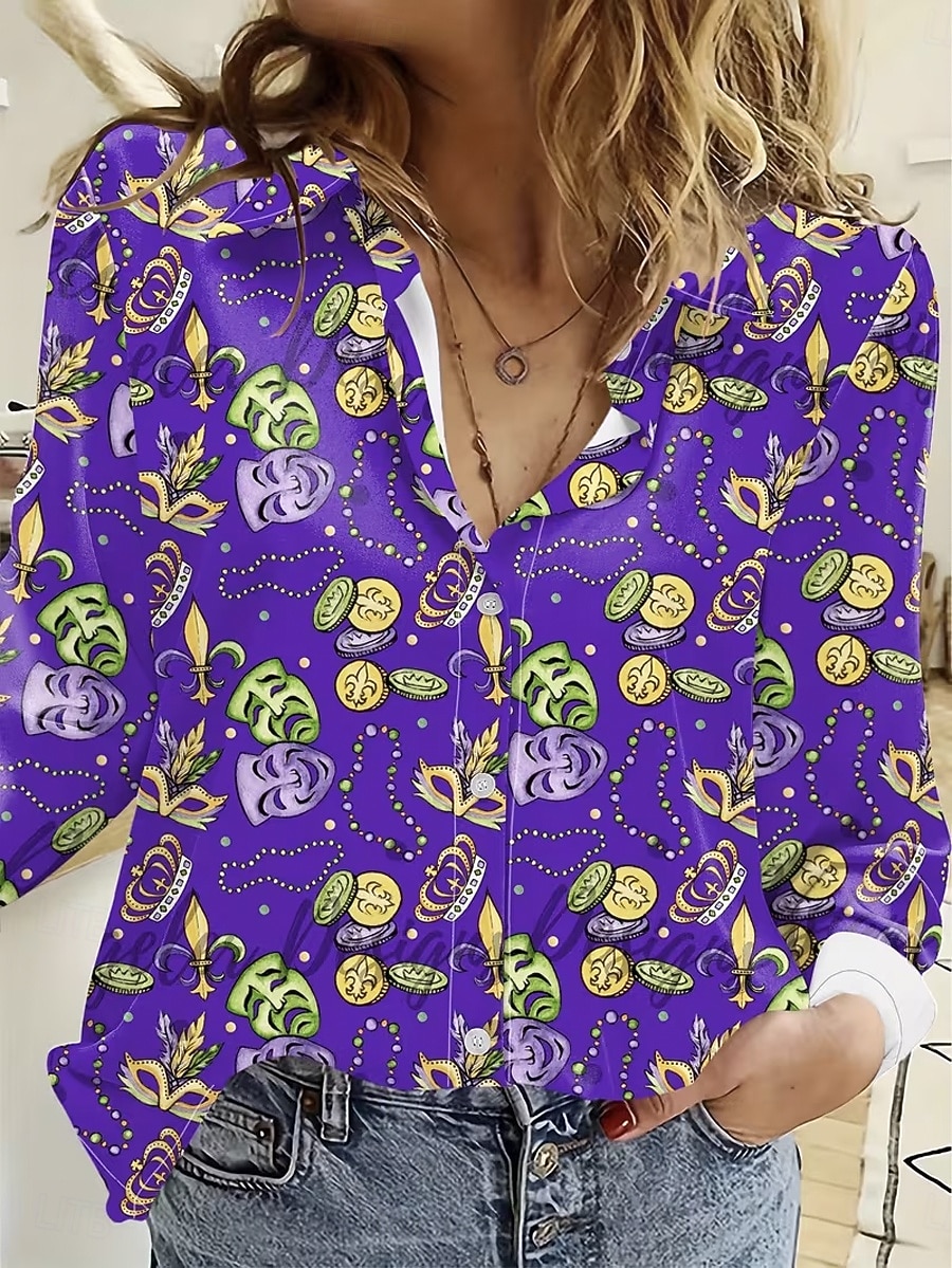 Karneval Damen Hemd Bluse Grafisch Geometrisch Vintage Lässig Langarm V-Ausschnitt Hemdkragen Reguläre Oberteile Tägliche Patchwork Knöpfe Druck Schwarz Lila Sommer Frühling Herbst Winter 2026 - $32.99 –P4