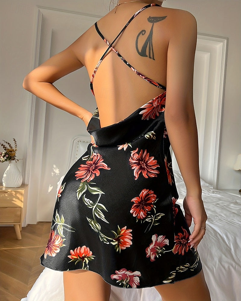 Damen Freizeitkleidung Nachthemd Sexy Lässig Weich Blumen Gerafft Rückenfrei Kleid Heim Urlaub Ärmellos V Ausschnitt Schwarz Rote Grün Sommer Frühling Normale Passform 2026 - $12.99 –P6