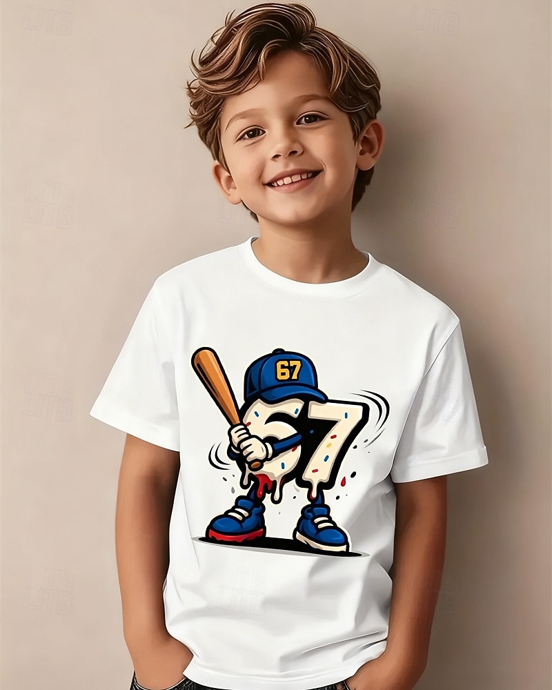 Katoen Kinderen Jongens Zwart Wit Grafisch Grappige Slang 67 T-shirt Blouse Strakke ronde hals Korte mouw Buiten Dagelijks gebruik Modieus Streetwear Ontwerper Opdrukken Zomer 2026 - $14.99 –P2