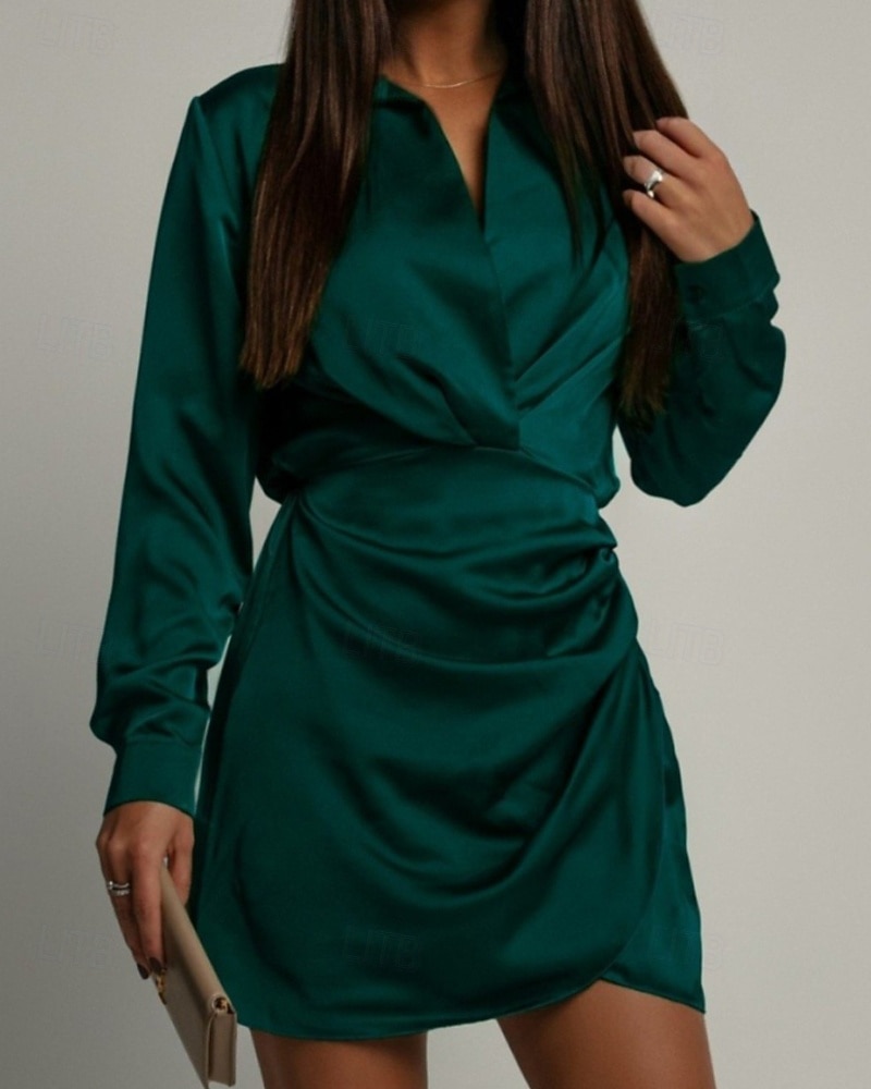 Femmes Mini Robe Robe en Satin Robe Chemise Robe froncée Moderne Quotidien Sortir Week-end Coupe régulière Uni manche longue Col de chemise Noir Vert foncé Marron Rose rouge Printemps Automne de 2026 ? $31.99 –P7