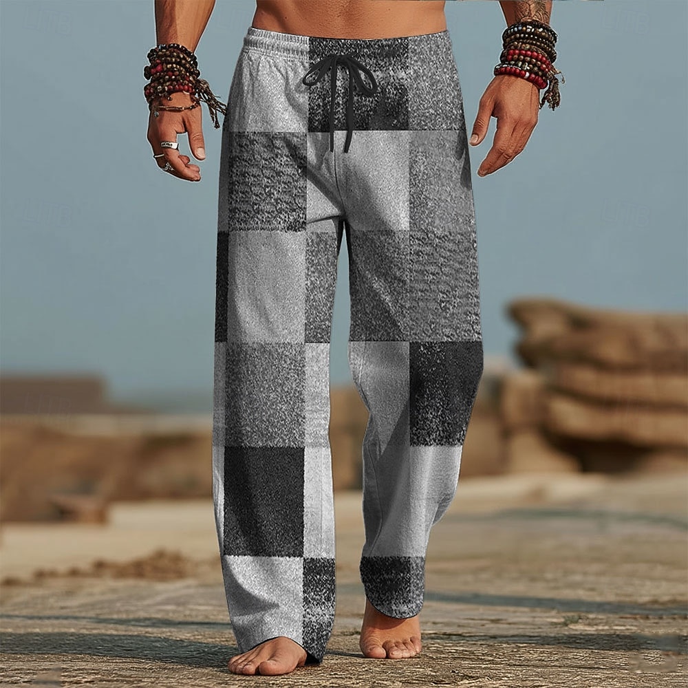 Herren Geometrisch Farbblock Patchwork Hose Freizeithose Baggy-Hosen Mittlere Taille Mode Heim Outdoor Urlaub Elastischer Kordelzug in der Taille Leinenähnliche Hose mit Taschen Sommer Frühling 2026 - $27.99 –P4