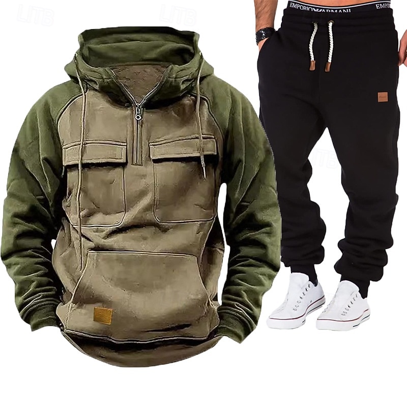 Homens Moletom Moletom com capuz e calças Conjunto Capuz Diário Ao ar livre Férias Roupa Diária Patchwork Bolsos Half Zip Bloco de cor Azul Vermelho Vinho Preto Roupas Esportivas Esportes Moda Outono de 2026 por $54.99 –P4