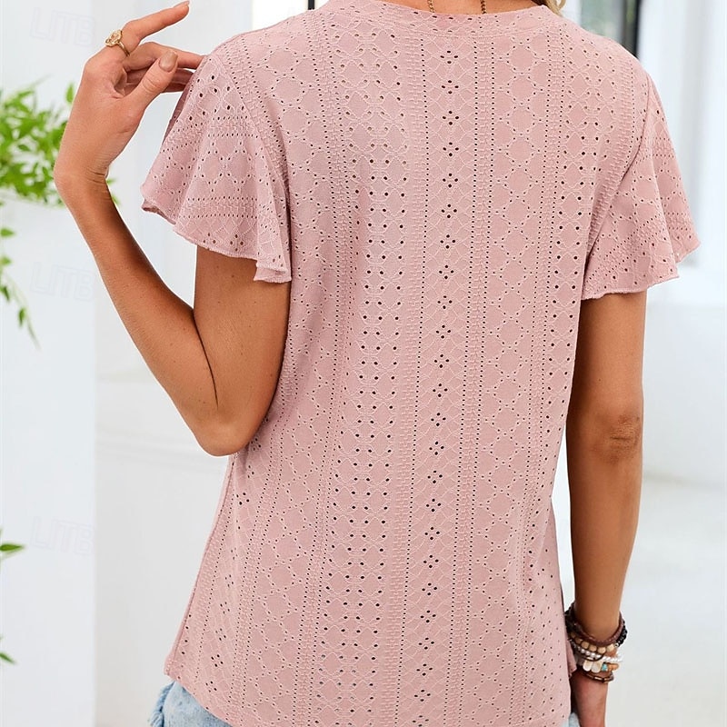 Pentru femei Cămașă Tricou Bufantă Peteci Capsă Culoare solidă Elegant Modă Clasic Manșon scurt În V Topuri obișnuite Zilnic Ieșire Sfârșit de săptămână Negru Alb Roz Îmbujorat Trifoi Vară Primăvară 2026 - $19.99 –P6