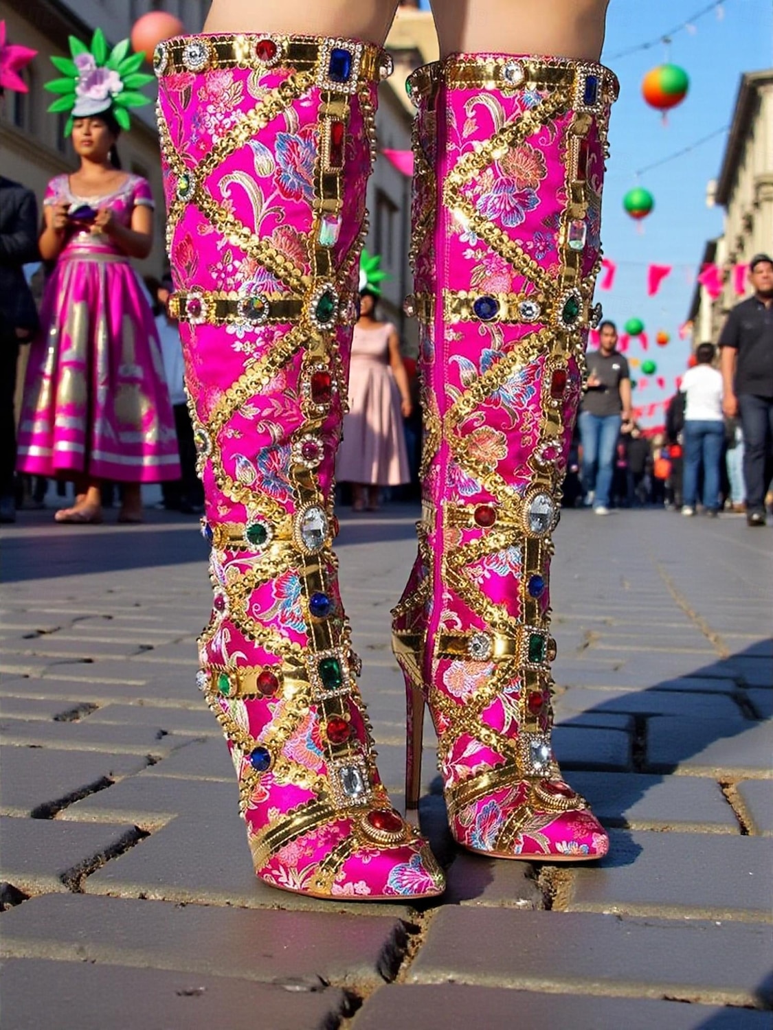 Γυναικείες Μπότες Ψηλοτάκουνες Διακοσμημένες με Λουλούδια και Λεπτομέρειες Κοσμημάτων Πολύχρωμο Στυλ Καρναβαλιού Ιδανικές για Μάρντι Γκρα και Εορταστικές Στιγμές 2026 - $199.99 –P1