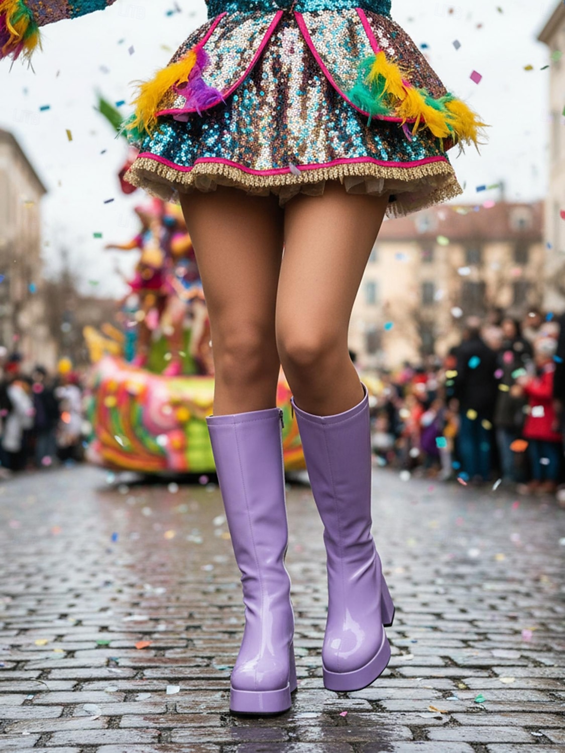 Women's Mardi Gras 1980s Retro Purple Platform Knee-High Boots with Block Heels – Shiny Patent Faux Leather, Perfect for Carnival Parades and Festive Celebrations 2026 - $84.99 –P2