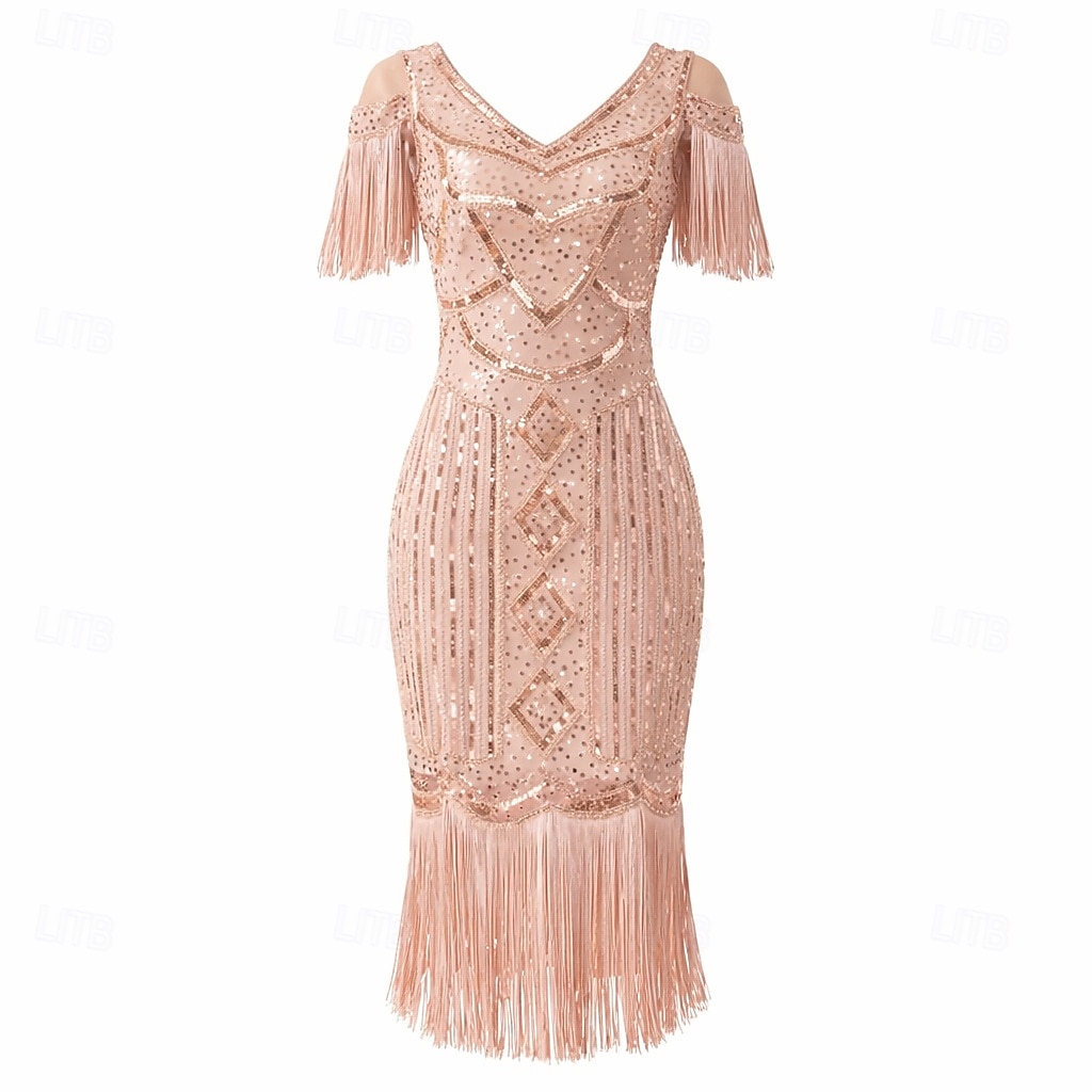 Roaring 20s 1920s Knee Length Short Length Dress Wedding Party Bachelor Party Cold Shoulder The Great Gatsby Wedding Guest Sequins Sequin Tassel V Neck Fancy Dress Women's Christmas New Year Evening 2026 - $57.99 –P5