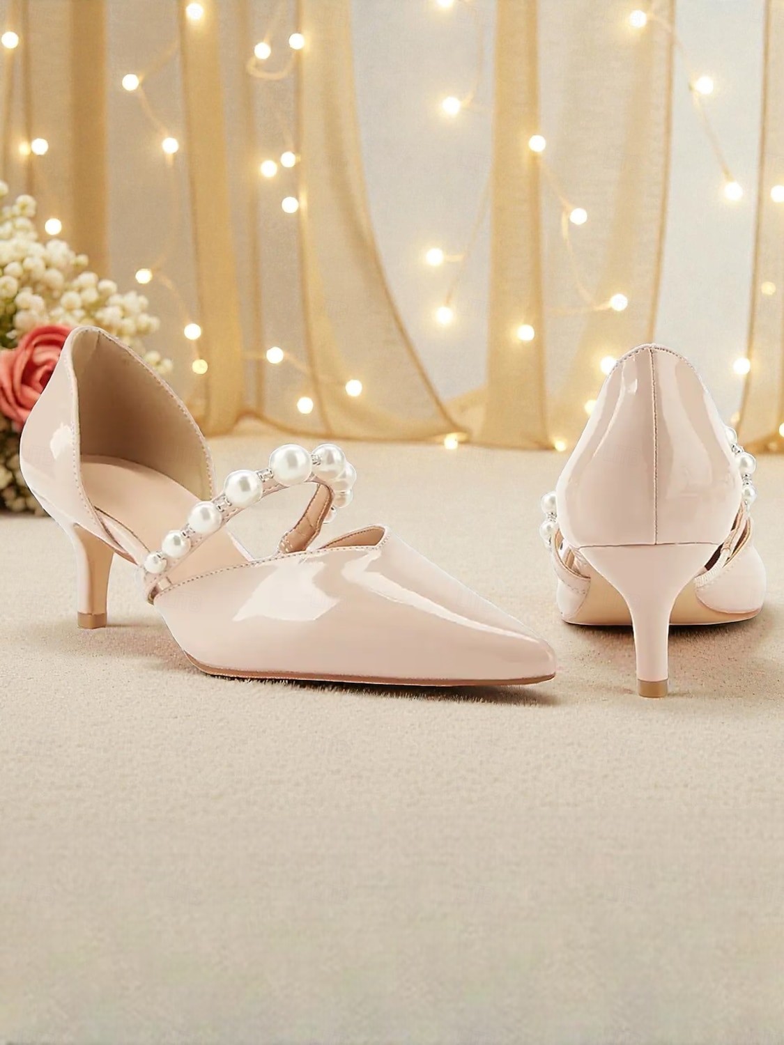 Zapatos de tacón bajo con tiras de perlas para mujer: elegantes zapatos de vestir de charol con punta puntiaguda para la madre de la novia, boda urbana chic. &ceremonia formal 2026 - $54.99 –P5