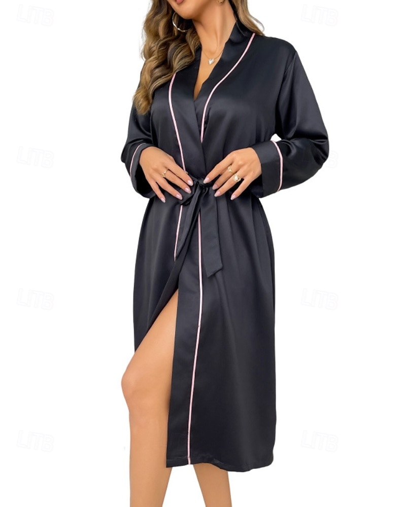 Mulheres manto Casual Macia Seda Retalhos Cordões Patchwork Diário Casa De Cama Manga Longa Decote V Preto Rosa Vermelho Cáqui Verão Ajuste Largo de 2026 por $26.99 –P3