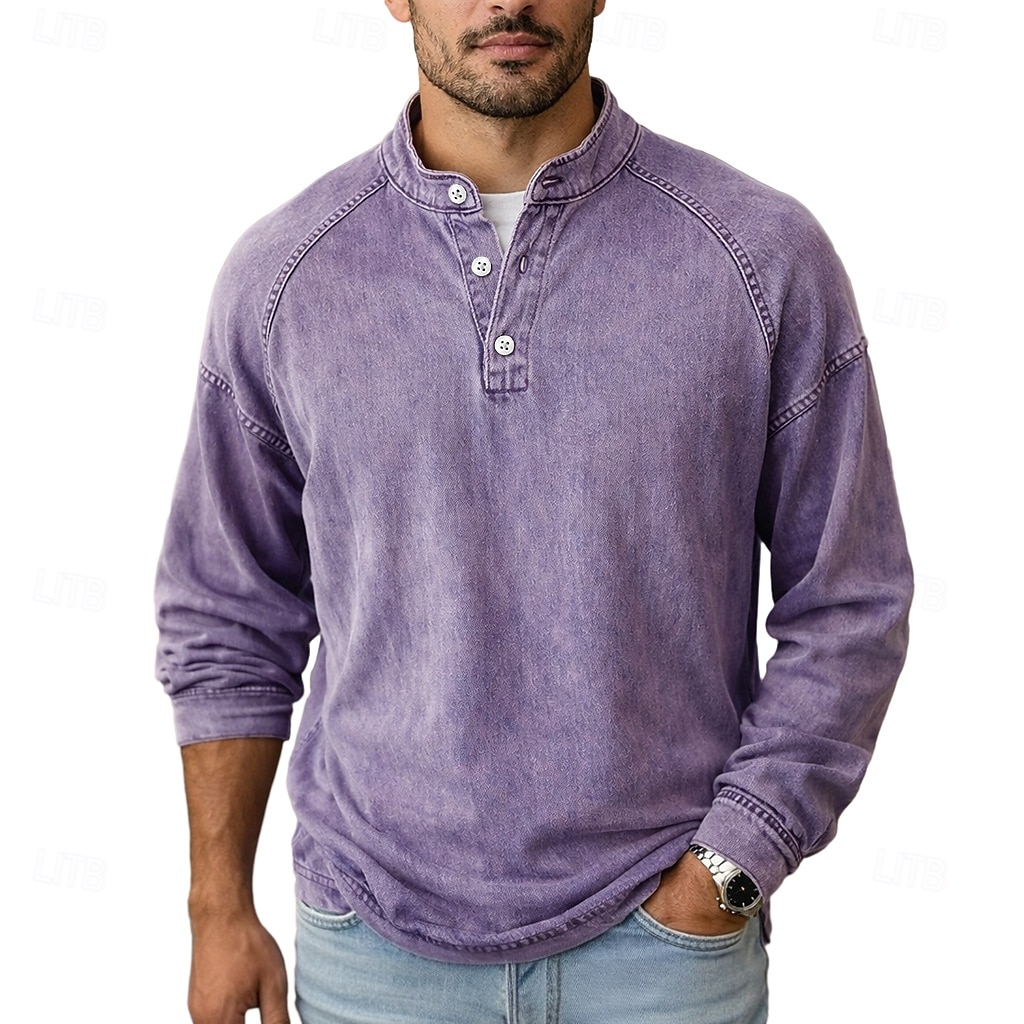 Camiseta SoftFade™ para hombres camiseta Henley 100% algodón camisa de lavado ácido camiseta camiseta de manga larga cuello de pie Henley primavera otoño simple vintage moda callejera casual teñida 2026 - $31.99 –P3
