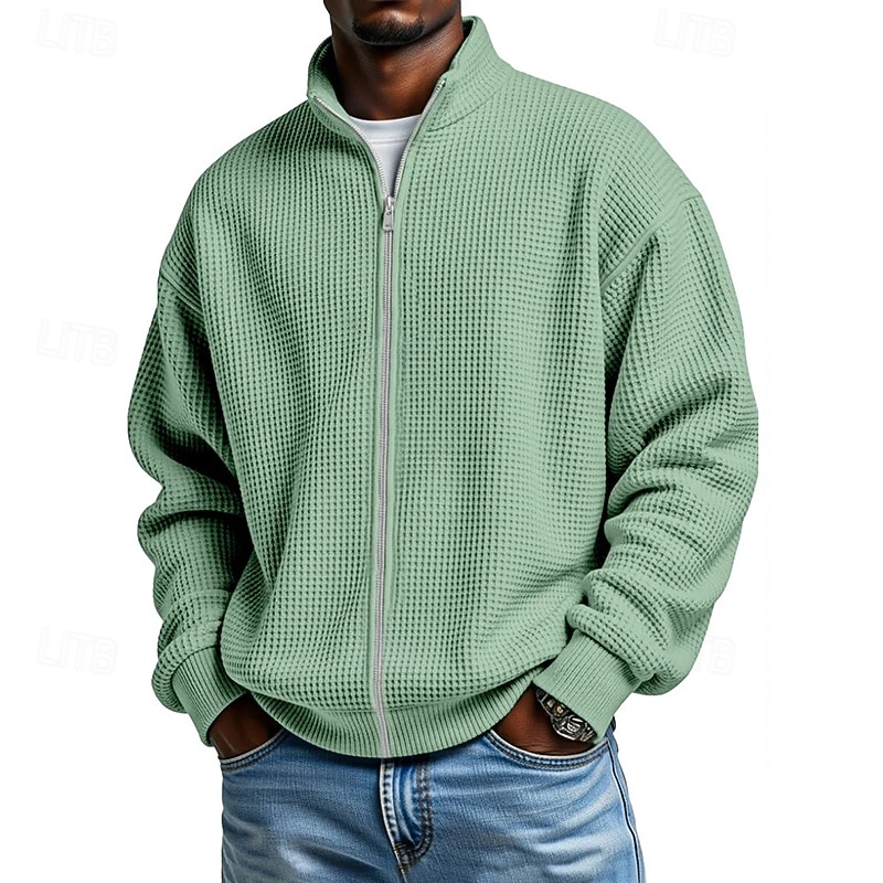 Herren Sweatshirt Waffel-Sweatshirt Pullover Kapuzensweatshirt Pullover Sweatshirt mit durchgehendem Reißverschluss Aprikose Schwarz Weiß Hellgrün Armeegrün Stehkragen Einfach Strukturiert Lässig 2026 - $28.99 –P1