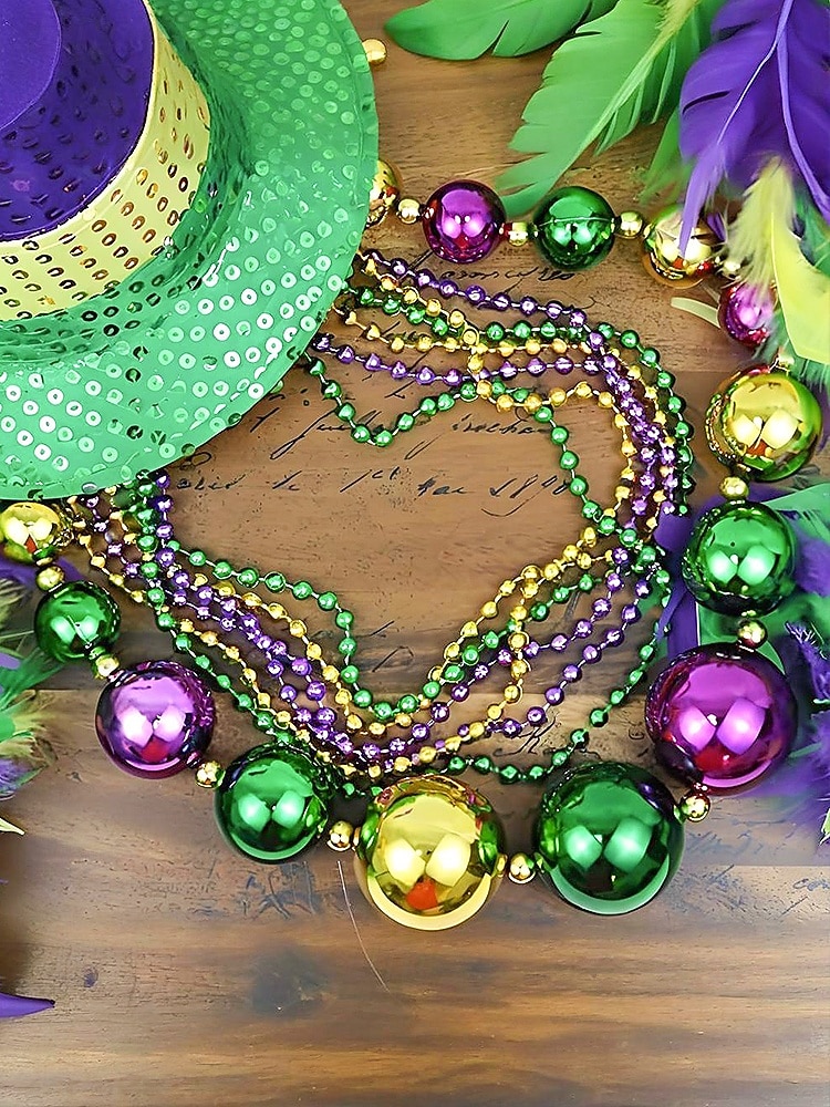 Dámská sada plastových náhrdelníků s korálky na Mardi Gras - barevné zelené fialové a zlaté perfektní pro karnevalové a maškarní párty 2026 - $14.99 –P4
