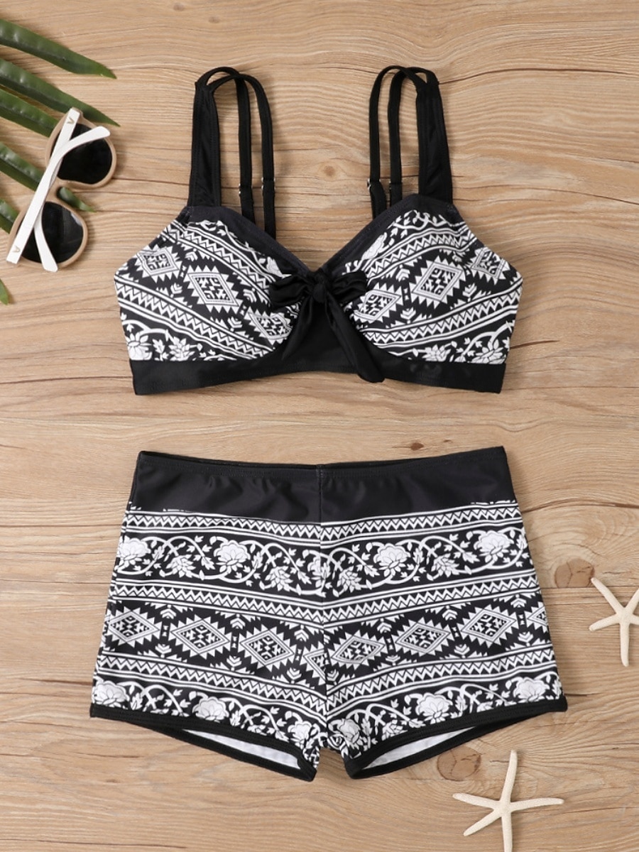 Dame Bikini 2 Delt Badedrakt Boho Shorts Slim Uten Rygg Ferie Strand Bekledning Fargeblokk Geometrisk V Hals Uten Ermer Badedrakter 2026 - $19.99 –P6