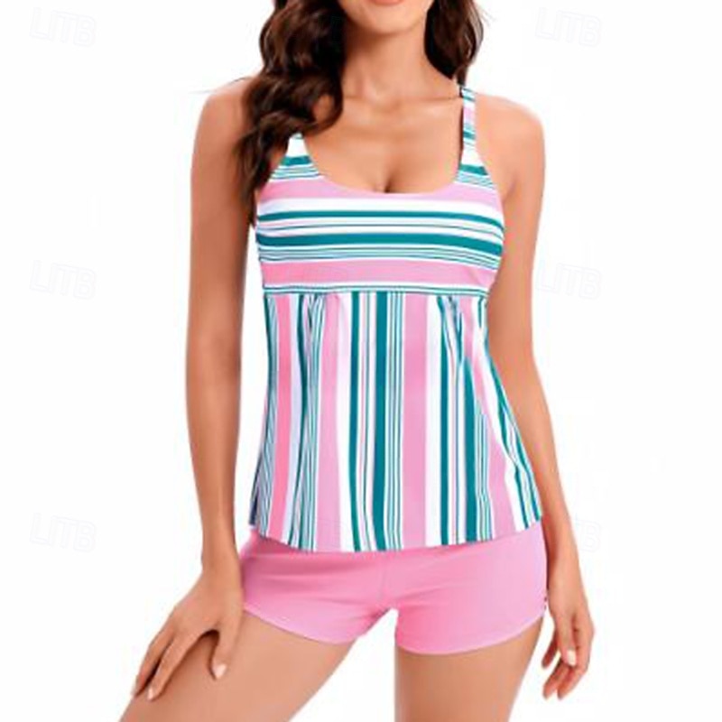 Per donna Costume da bagno Tankini Costume da bagno a due pezzi A righe Controllo della Pancia Elastico Senza Maniche Costume da Bagno Surf Spiaggia Vacanze Estate del 2026 a $18.99 –P1