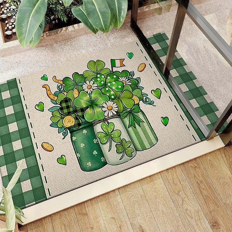 Dørmatte til St. Patricks dag, irsk firkløverdesign, gulvmatte til inngangsparti, festlig grønt kløverdørteppe til St. Patricks dag-feiring. 2026 - $5.99 –P3