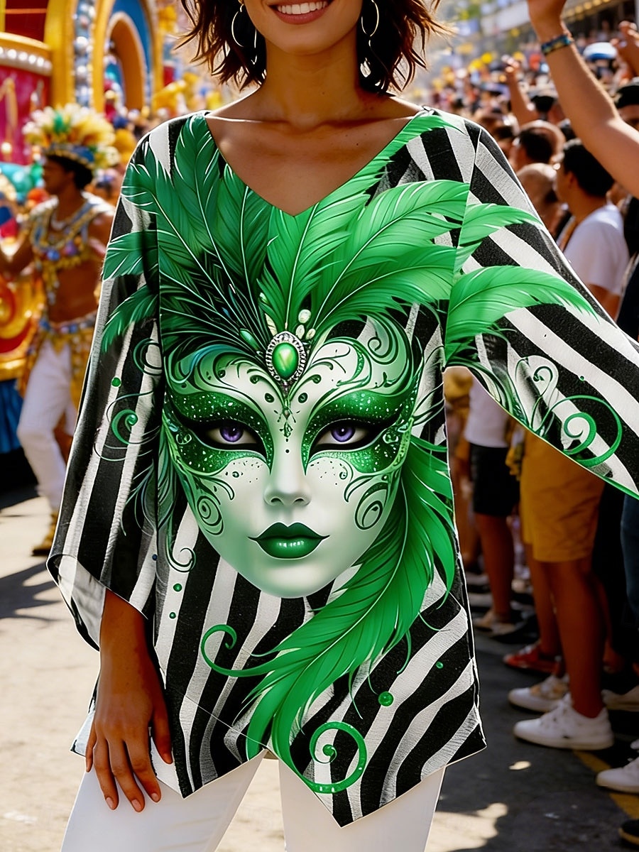 Bluză pentru femei Carnaval Grafic Stripe Abstract Vintage Stylish Casual cu Mâneci 3/4 Gât în formă de V Bluză Regulată U street Dailywear Print Galben Roșu Mov Portocaliu Verde Primăvara Toamna 2026 - $27.99 –P3