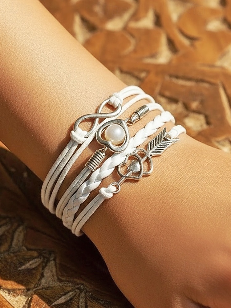 Dámské náramky z bohémské slitiny a umělé kůže, vícebarevné s přívěsky ve tvaru srdce a nekonečna – ideální na Valentýna i pro běžné nošení 2026 - $7.99 –P2