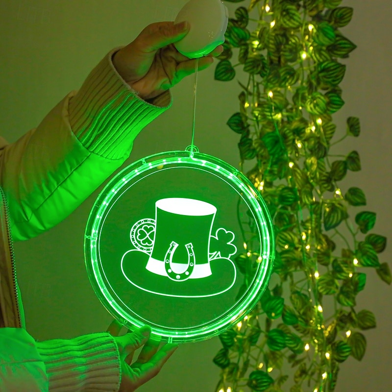 2026年 アイルランドの聖パトリックの日の飾り、LED吊り下げライト、22/24cmのシャムロック &レプラコーンの帽子の吸盤ライト、屋内ドア、窓、壁、パーティー、休日の装飾、単4電池ボックス付き  コレクション – $16.49 –P2