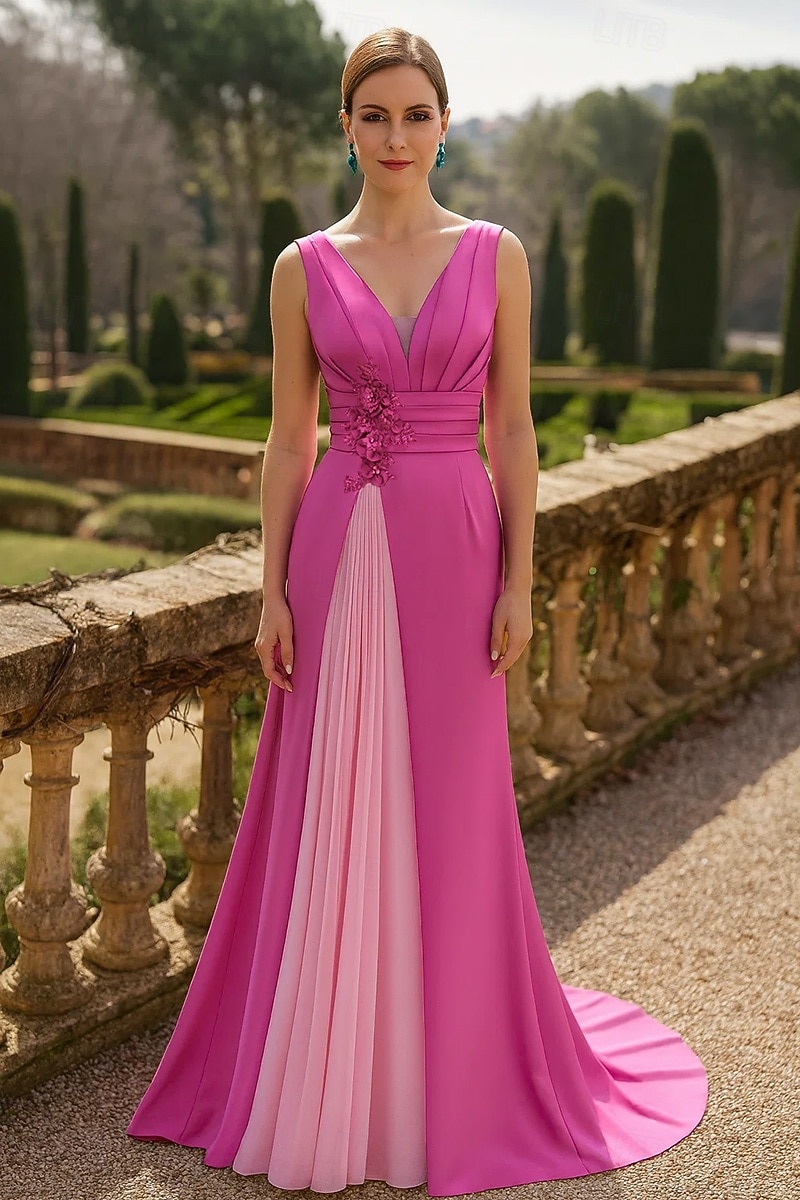 A-Line Sweep Brush Train Evening Gown Formal Dress Elegant Mother Of The Bride Semi-formal / Cocktail Sleeveless V Neck Wedding Formal Chiffon Satin with Pleats Appliques 2026 - $171.99 –P1