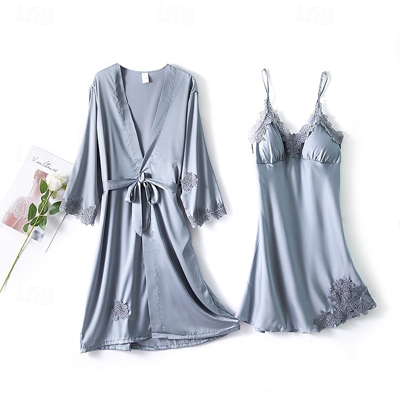 Damskie Odzież domowa Koszula nocna Moda Seksowny Codzienny Czyste kolory Niejednolita całość Sukienka Dom Urlop Długi rękaw W serek Czarny Rumiany róż Wino Złoty Ciemnoniebieski Lato Wiosna Jesień 2026 - $33.99 –P3