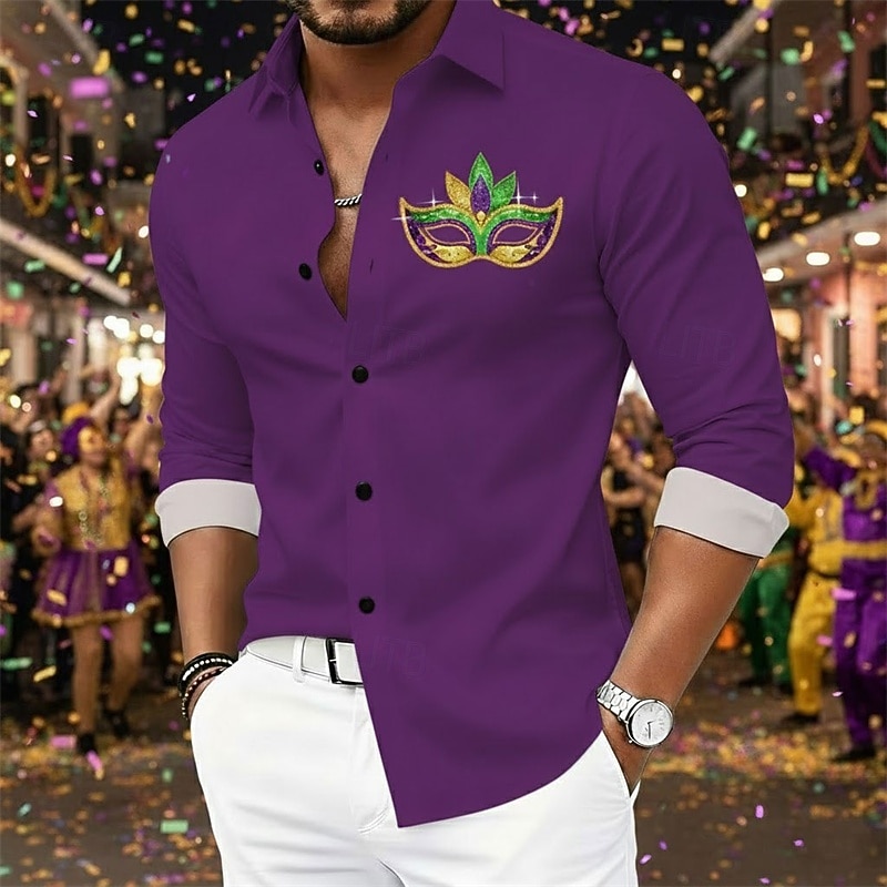 Мужская рубашка с графическим принтом для вечеринки в стиле Марди Гра – классическая карнавальная рубашка на пуговицах. 2026 - $9.99 –P4