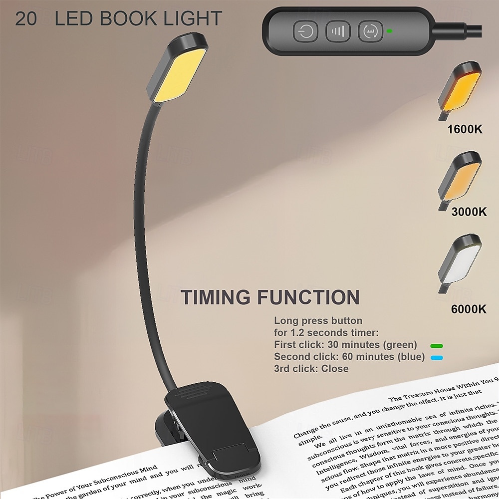 2026年 充電式読書灯。ベッドでの読書に最適。20個のLEDとメモリ機能付き。3つの色温度、5つの明るさレベル。フレキシブルなグースネック、軽量なクリップブック読書灯。  コレクション – $20.99 –P1