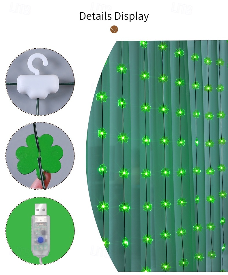 St. Patrick's Day Ierse klaver lichtslinger, 3 meter breed, groen licht, USB-voeding, 8 functies met afstandsbediening, voor binnen, slaapkamer, woonkamer, balkon, feestdecoratie 2026 - $26.99 –P5