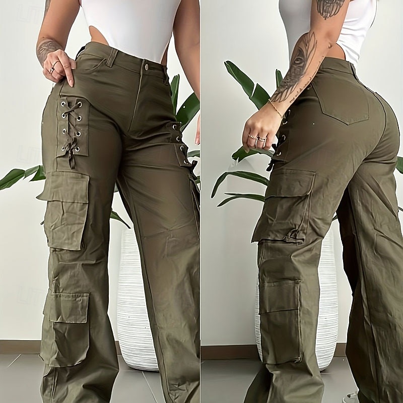 Damen Cargo-Hosen Chinos Urlaub Vintage Streetwear Volle Länge Mittlere Taillenlinie Einfarbig Mehrere Taschen Bequem Mikroelastisch Täglich Outdoor Straße Armeegrün Khaki Frühling Herbst Winter 2026 - $44.99 –P1