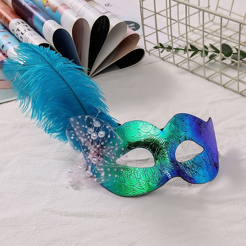 Női kék-zöld fényes tollas álarc a Mardi Gras-ra – Elegáns velencei karneváli jelmez kiegészítő textúrált mintával bulikhoz és bálokhoz 2026 - $11.99 –P3