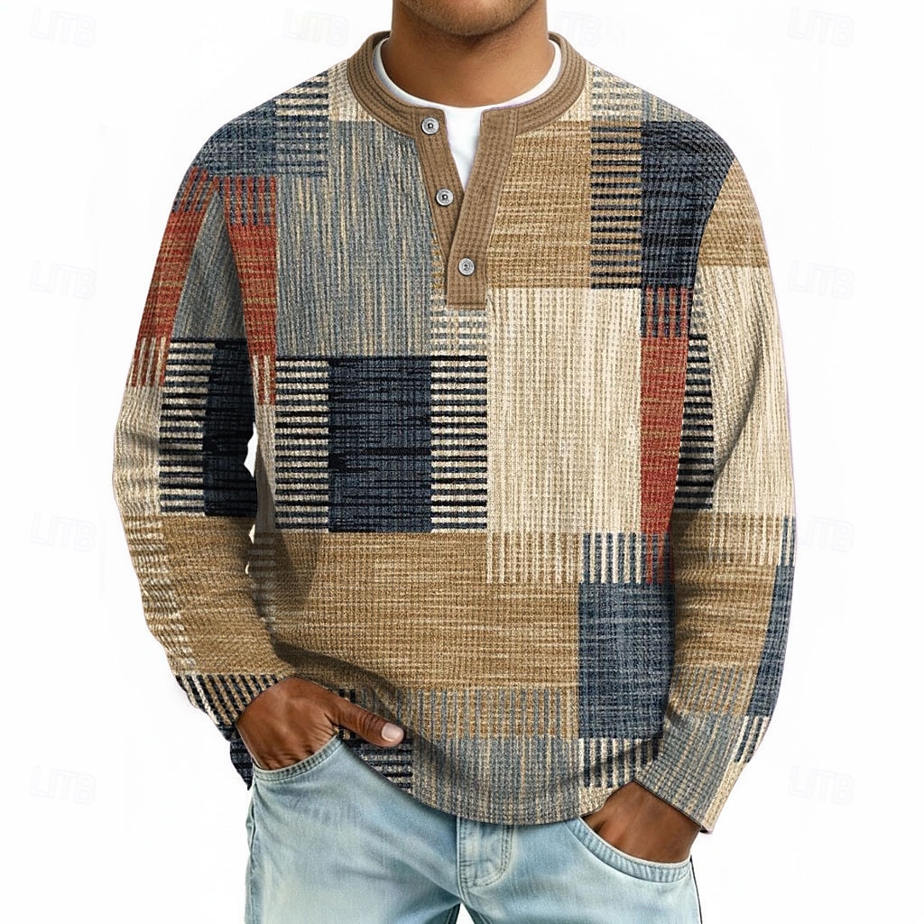 Herren Geometrisch Patchwork Waffel-Henley-Hemd Lässiger Stil Klassicher Stil Langarm Mode Designer Basic Lässig Täglich Outdoor Herbst Frühling & Herbst Blau Grau Grün Khaki Henley Henley T-Shirt 2026 - $25.99 –P1