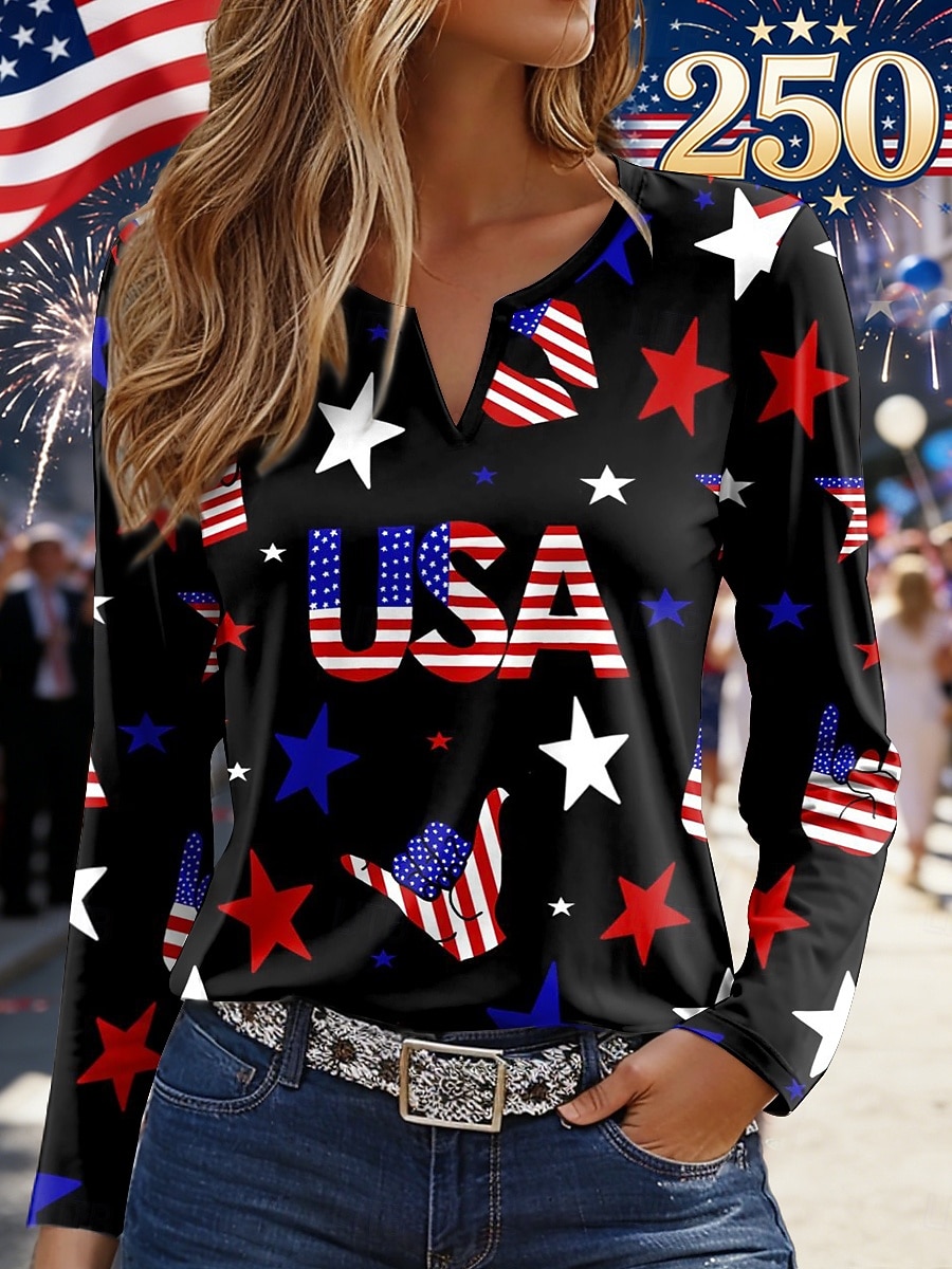 Ημέρα Ανεξαρτησίας Αμερικανική Επέτειος Πατριωτική Γυναικεία T-Shirt Γραφικό Σημαία Vintage Στυλάτο Σύγχρονο Μακρύς Μανίκι Σημείο Ρυθμισμένα Κορυφαία Καθημερινή Εκτύπωση Σαφή Μπλε Μαύρο Κόκκινο 2026 - $24.99 –P3