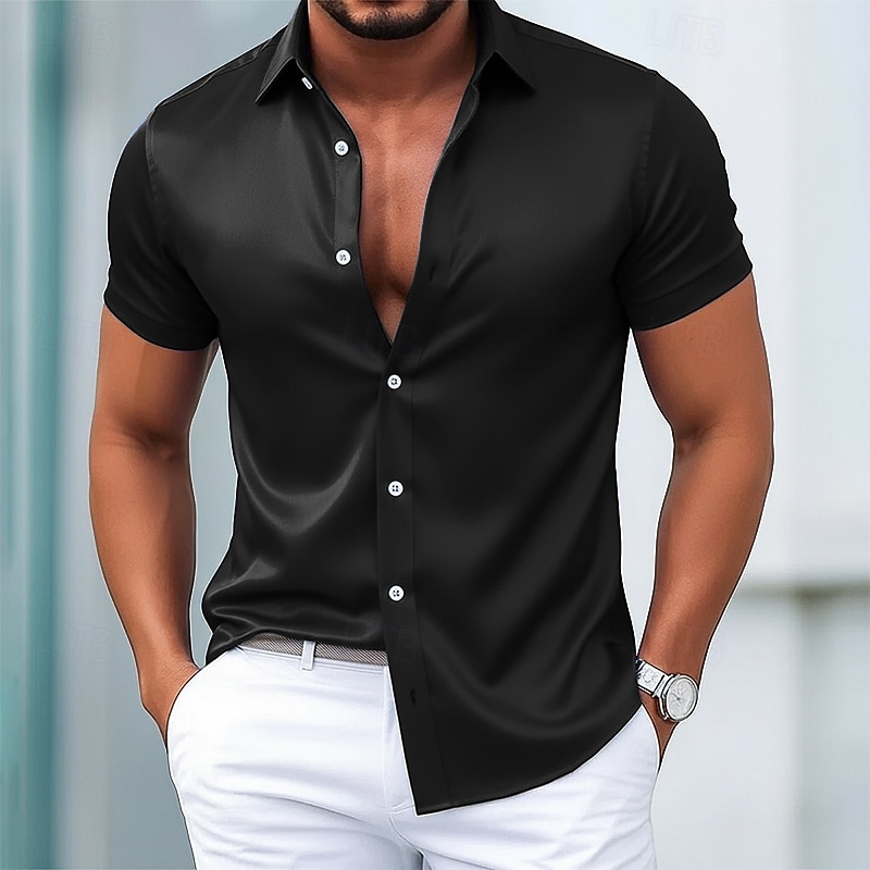 Hombre Camisa para Vestido Camisa de satén de seda Color sólido Diario Exterior Bleu Ciel Negro Blanco Vino Manga Corta Cuello Vuelto Verano Primavera Ropa Puro 2026 - $10.99 –P5