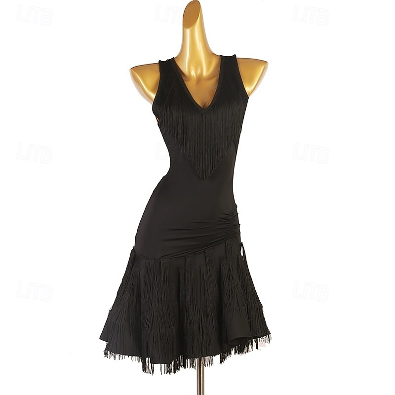 Elegantní černé šaty s třásněmi na latinskoamerické tance pro ženy - kostým s výstřihem do V a bez rukávů na společenský sál, salsu a tango 2026 - $156.99 –P1