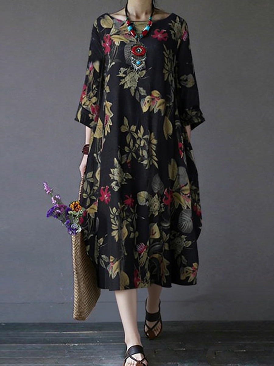 Femmes Robe maxi Coton mélangé Robe fourreau Robe Décontractée Basique Occasionnel Quotidien Vacances Coupe régulière Fleuri manche longue Col ras du cou Magenta bleu marine Orange Été de 2026 ? $28.99 –P1