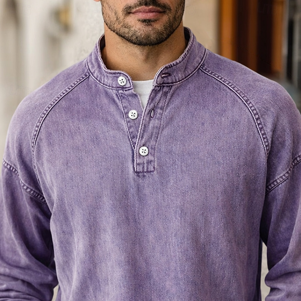 Camiseta SoftFade™ para hombres camiseta Henley 100% algodón camisa de lavado ácido camiseta camiseta de manga larga cuello de pie Henley primavera otoño simple vintage moda callejera casual teñida 2026 - $31.99 –P4