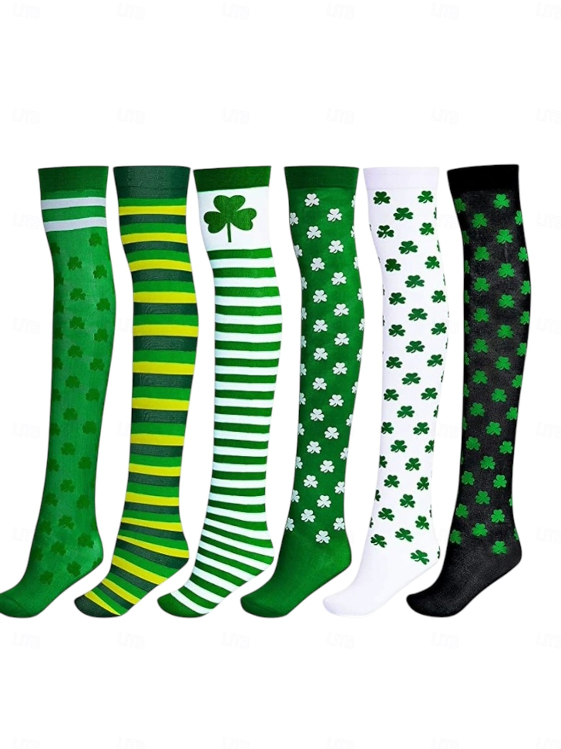 Damessokken in St. Patrick's Day-groen, tot de knie, met klavertje vier – perfect voor feestelijke gelegenheden en de feestdagen. 2026 - $11.99 –P10