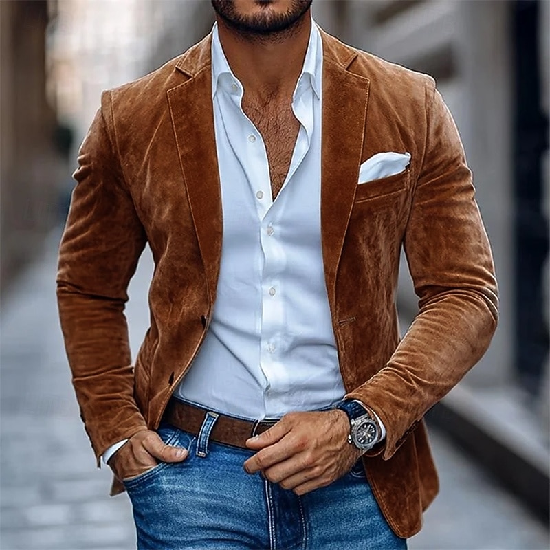 Hombre Blazer de gamuza sintética Chaqueta americana Casual Negocio Trabajo Elegante Vintage Primavera Otoño Terileno Color sólido Botonadura Simple Chaqueta de sport Marrón Color Caquí 2026 - $72.99 –P2