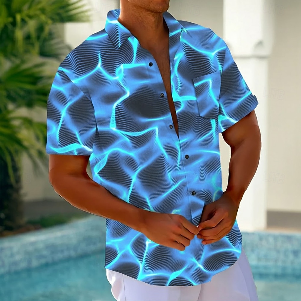 Herren Blitz Abstrakt Neonleuchten Hemd Sommerhemd Knopfhemd Kurzarm Modisch lässig Outdoor Urlaub Alltagskleidung Sommer Frühling Umlegekragen 3D-Druck Hemden mit Kragen Eine Tasche vorne Blau 2026 - $25.99 –P4