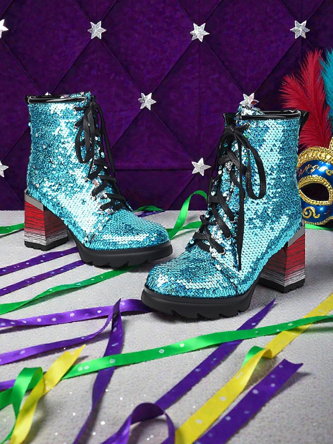 Damernas Mardi Gras Glittrande Paljetterstövlar med Blockklack Trendig Stjärndesign Bekväm Passform Idealiska för Karneval eller Fester 2026 - $84.99 –P3